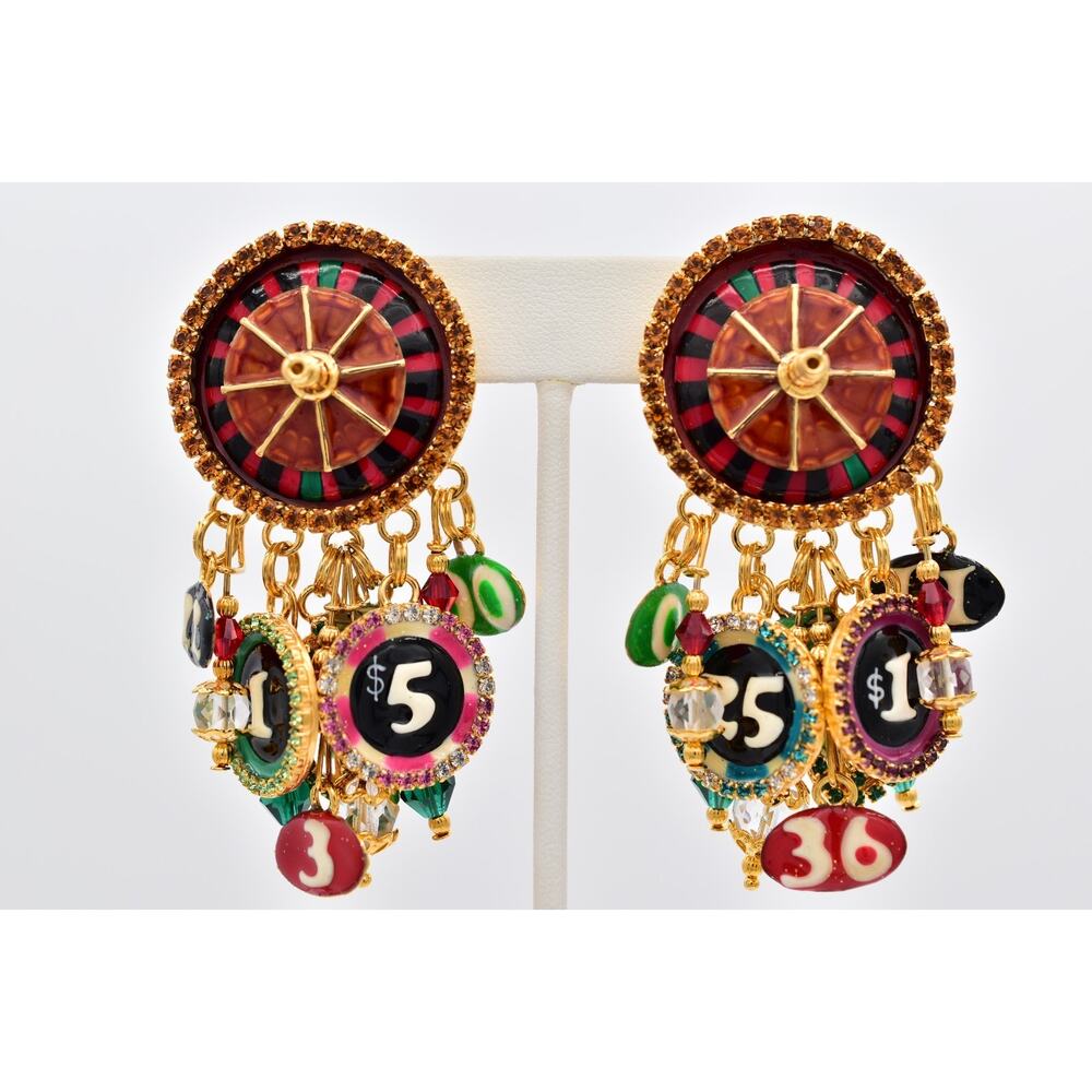 Lunch at The Ritz Vintage Roulette Casino Clip On Earrings Vegas Signed BinAO